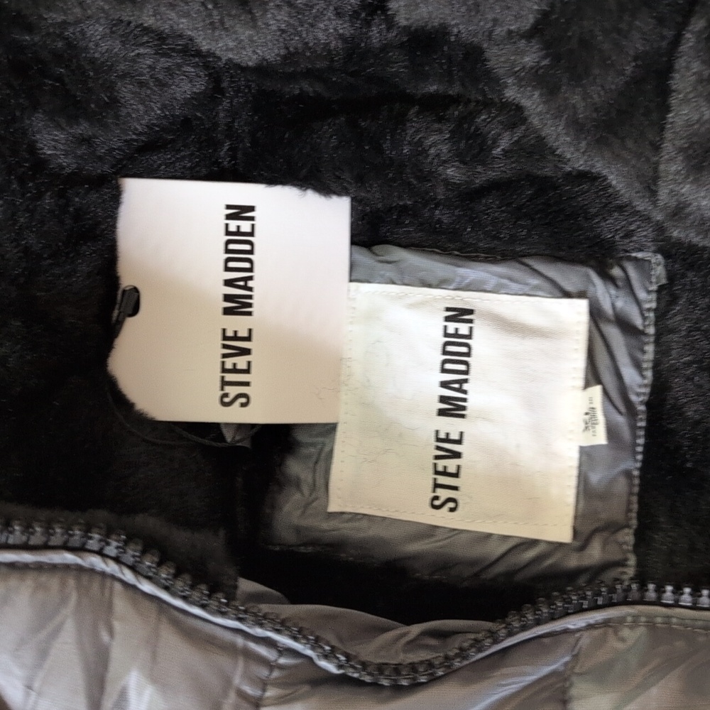 Steve Madden Silver Quilted Puffer Jacket Parka Faux Fur Lined NWT - Picture 8 of 15